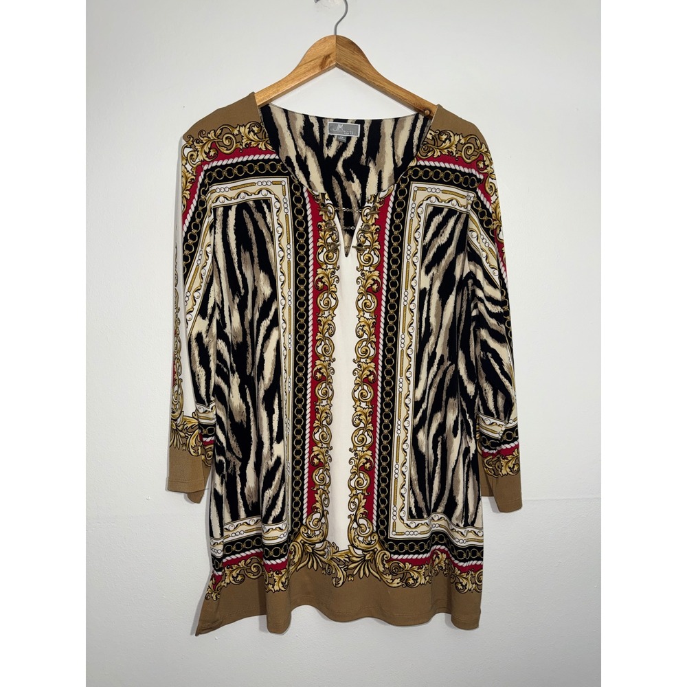 JM Collection Tunic Top Woman 2X Tan Red Zebra Baroque Gold Hardware